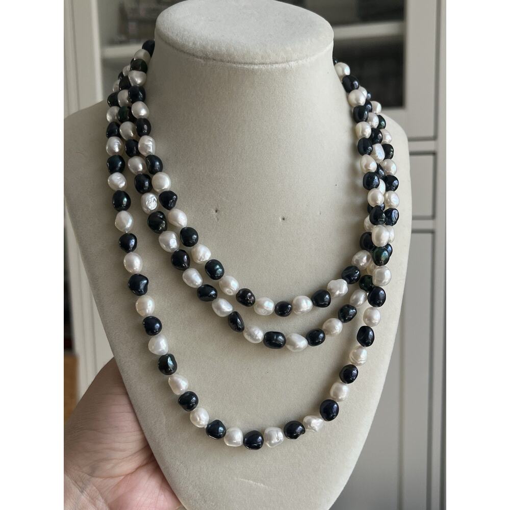 Genuine Freshwater Cultured Blue And White Pearl Long Necklace 54”